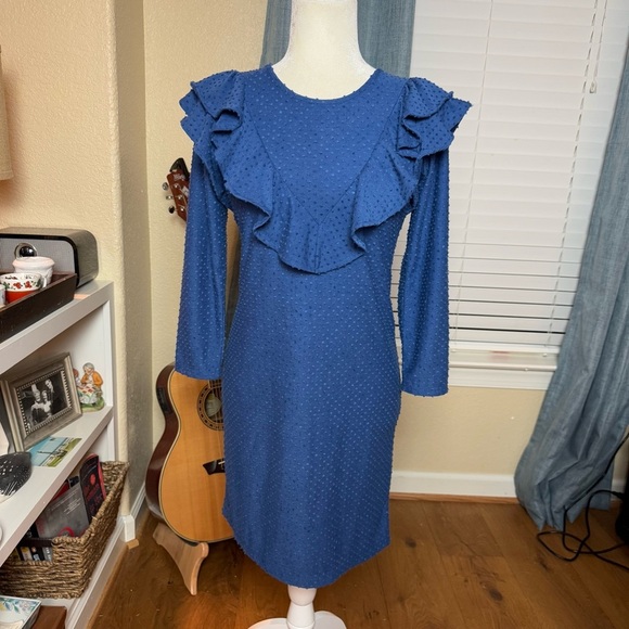 Lilly Pulitzer Pheby Blue Flocked Dot Ruffle Long Sleeve Sheath Dress Sz XS - Picture 7 of 14